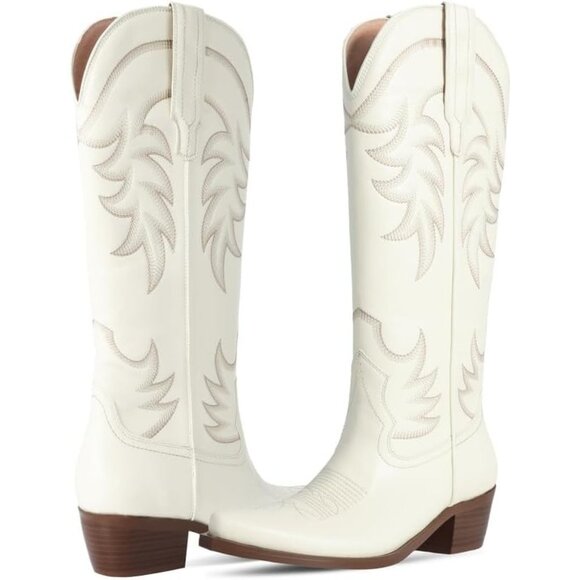 ⚡Women's White Knee High Chunky Heel Pointed Toe Wide Calf Pull On Embroidered - Picture 3 of 5